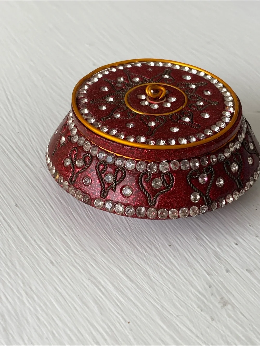 Mediterranean Embellished Trinket Box - Deep Red with Rhinestones & Glitter